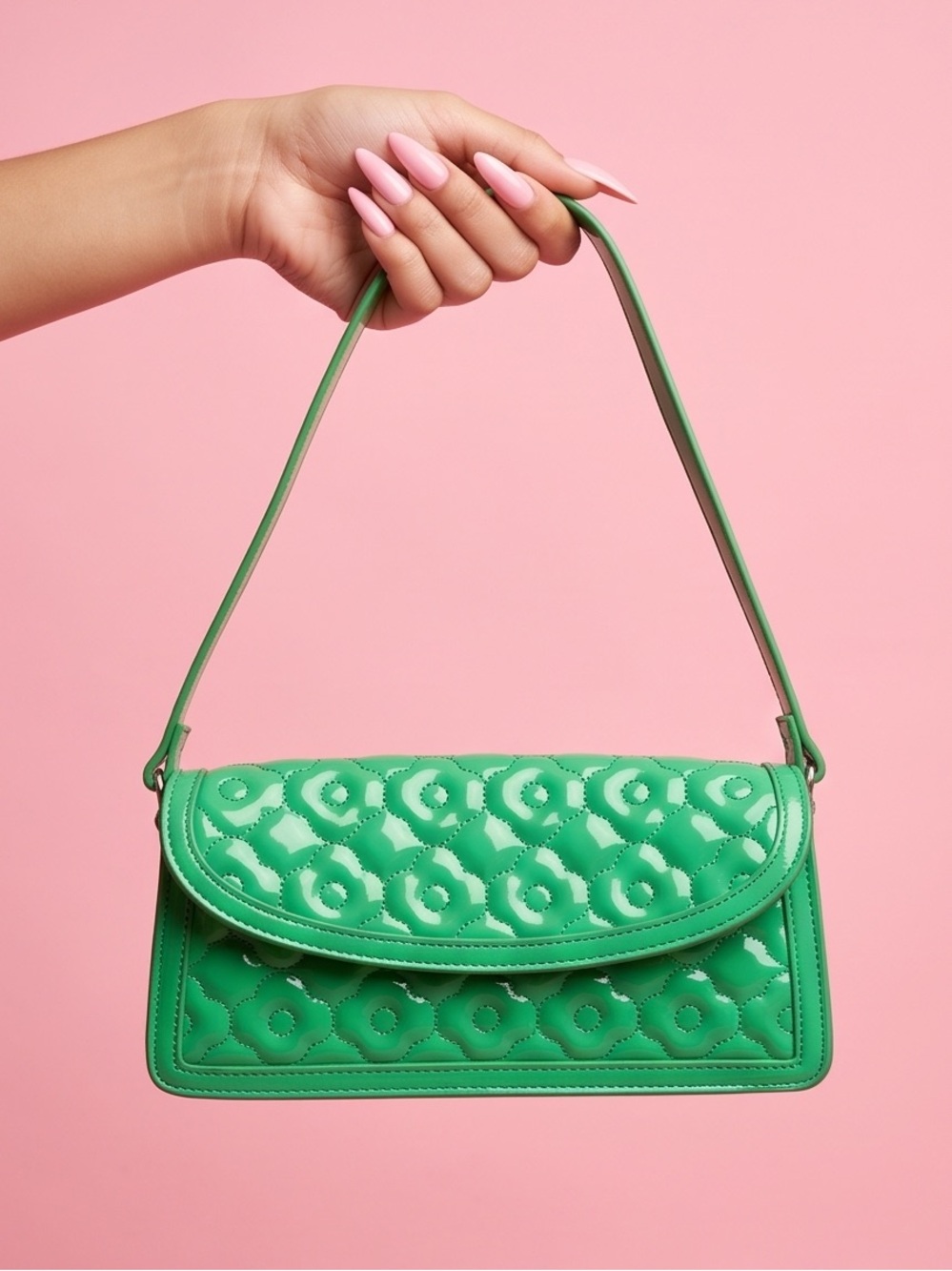 SO Green Fux patent leather Quilted flap rectangular Shoulder Bag NWOT
